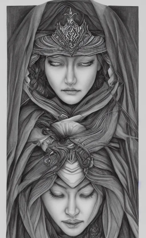 Image similar to the high priestess, by stephanie law, black and white graphite drawing, smooth render, 3 / 4 view