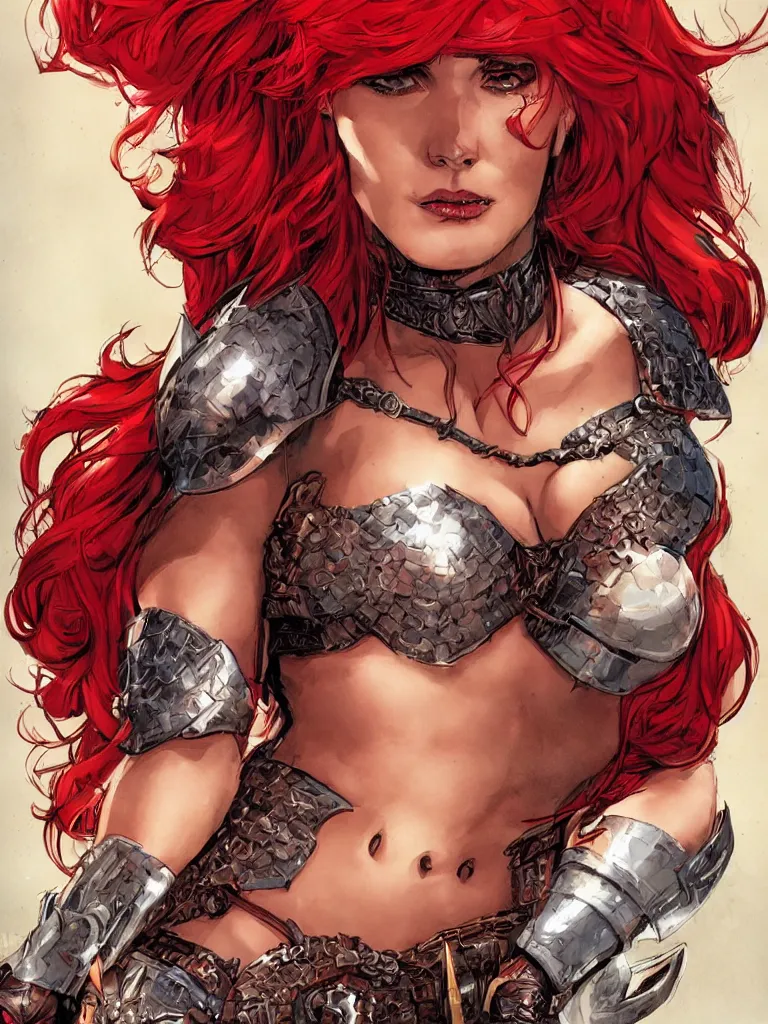 Image similar to a photo of a comic book cover color illustration, portrait of Red Sonja art by Ross Tran