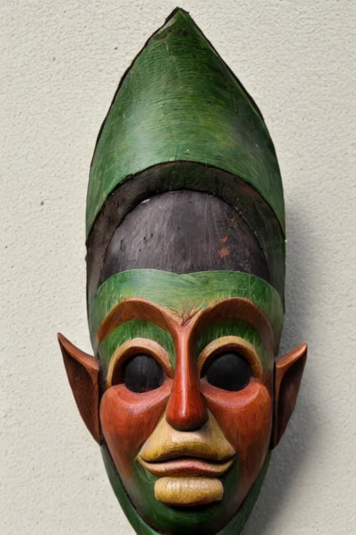 Image similar to a flat carved wooden elf mask face, staring eyes, vividly coloured, highly detailed, vintage european folk art, colour photograph