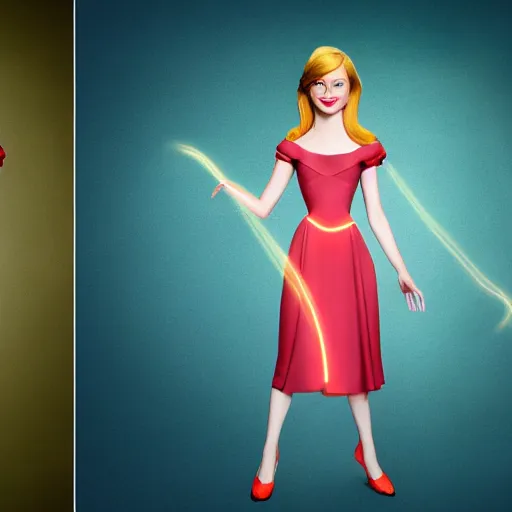 Image similar to full body portrait of Emma Stone as a Disney princess, professional studio lightening, volumetric lightening, photorealism