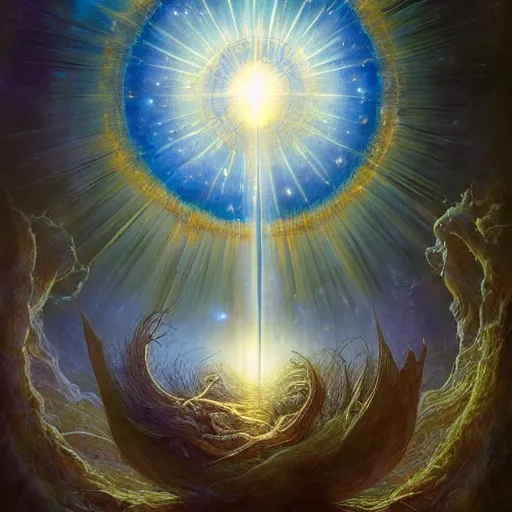 Prompt: iris of god, creation of the universe, ellen jewett, beautiful surreal palatial pulsar at dawn, creation of the world, let there be light, light separated from dark, genesis, gustave dore, ferdinand knab, jeff easley