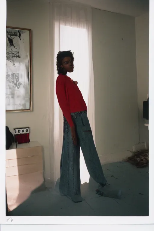 Image similar to realistic! photoshoot for a new vetements lookbook, color film photography, portrait of a beautiful woman, location in a apartment, in style of tyler mitchell, 35mm