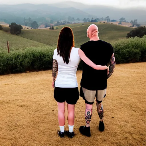 Image similar to portrait of a bald white male tattoos and his white female brown hair wife with tattoos. male is wearing a white t - shirt, tan shorts, white long socks. female is has long brown hair and a lot of tattoos. photo taken from behind them overlooking the field with a goat pen. rolling hills in the background of california and a partly cloudy sky