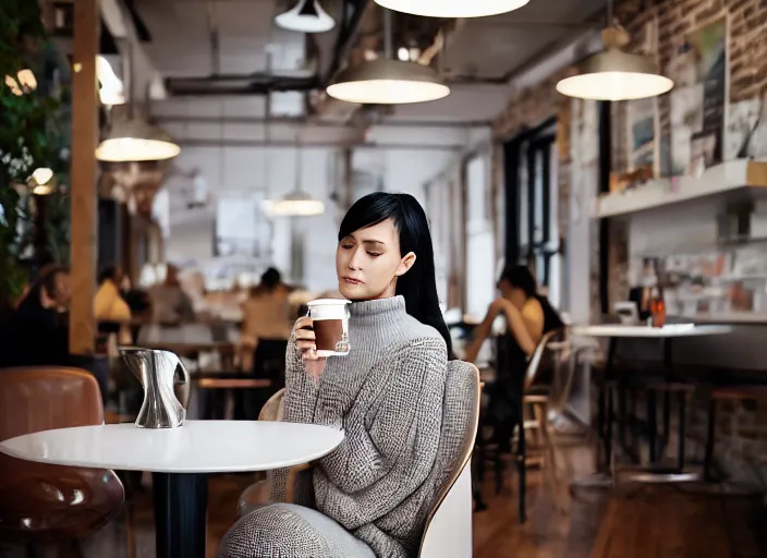 Prompt: beautiful!!! young adult woman in a cozy coffee shop wearing an avant garde outfit designed by zaha hadid, natural lighting, 5 0 mm