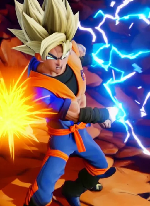 Image similar to game still of super sayan goku as a fortnite skin in fortnite.