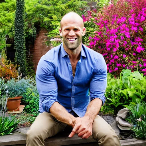 Prompt: professional photograph of Jason Statham smiling in a garden