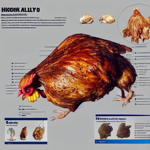 Image similar to chicken, anatomy half cut, infographic, higly detailed, 8 k, photorealistic, art concept, artstation, sharp focus