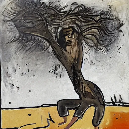 Prompt: The painting shows a man caught in a storm, buffeted by wind and rain. He clings to a tree for support, but the tree is bent nearly double by the force of the storm. The man's clothing is soaked through and his hair is plastered to his head. His face is contorted with fear and effort. Mediterranean by Bernard Buffet earthy