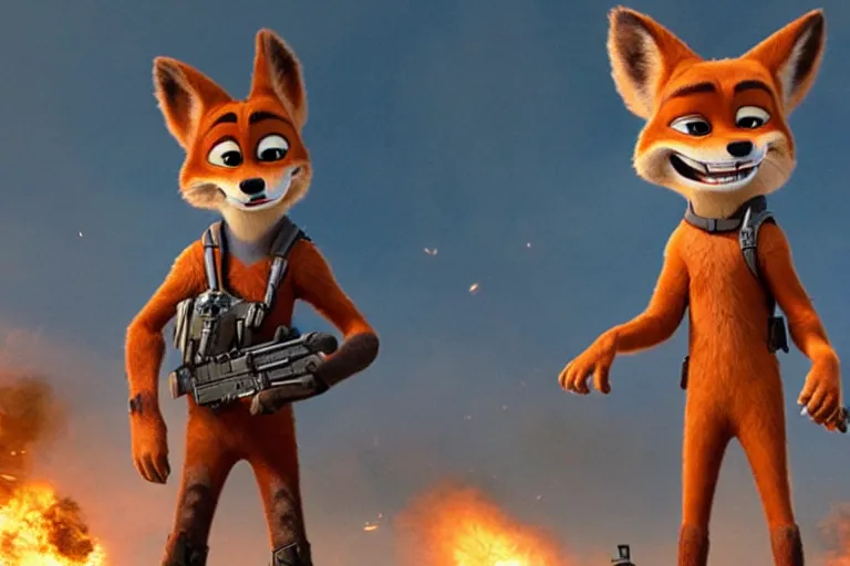 Image similar to nick wilde ( from zootopia ), heavily armed and armored facing down armageddon in a dark and gritty reboot from the makers of mad max : fury road