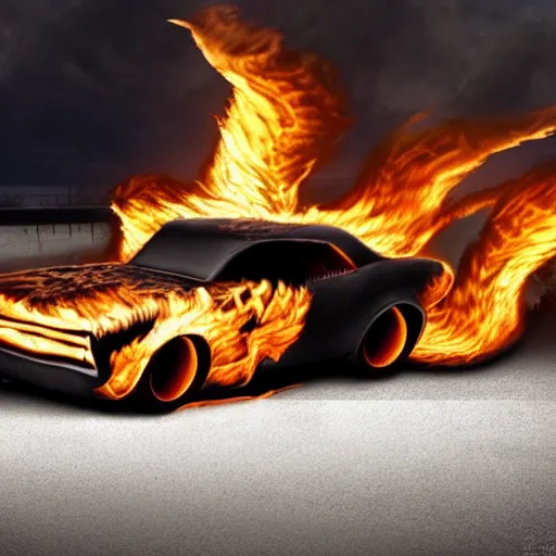 Prompt: muscle car made of fire