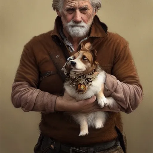 Prompt: portrait of a old, ruggedly handsome man holding a corgi dog, soft hair, muscular, half body, cloth, hairy, d & d, fantasy, intricate, elegant, highly detailed, digital painting, artstation, concept art, smooth, sharp focus, illustration, art by artgerm and greg rutkowski and alphonse mucha