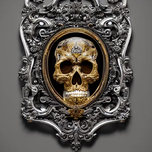 Image similar to a beautiful, ornate and intricate rococo skull with silver and gold details, inside a black rococo frame, 4k, octane render, vray, unreal engine, photorealistic