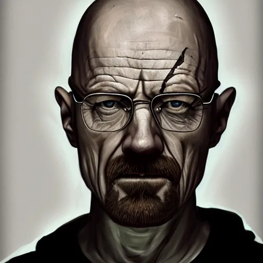 Image similar to Walter White as a Zombie, undead, portrait, fantasy, medieval, vivid colors, elegant, concept art, sharp focus, beautiful face, digital art, Hyper-realistic, 4K, Unreal Engine, Highly Detailed, HD, Dramatic Lighting by Brom, trending on Artstation