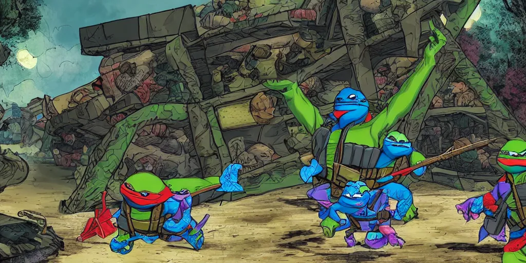 Prompt: ninja turtles escape and two military ( american uniform ) ran to sound the alarm and all the turtles began to descend the water slides, comiс style, 4 k,