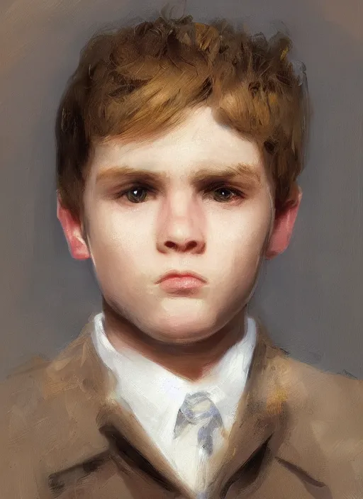 Prompt: portrait of a majestic 1 4 year old man with wavey brown hair, royal, attractive glance, by wlop and william turner, trending on artstation
