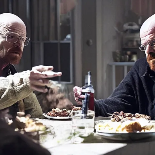 Prompt: walter white eating jesse pinkman alive in the walking dead