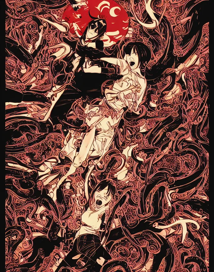 Image similar to intricate comic book style japanese horror poster japanese girl with fangs, graffiti, yokai, tentacles, by dan mumford, makoto shinkai and junji ito, 8k, highly detailed, unreal engine, crisp lines, volumetric lighting, featured on artstation, pixiv