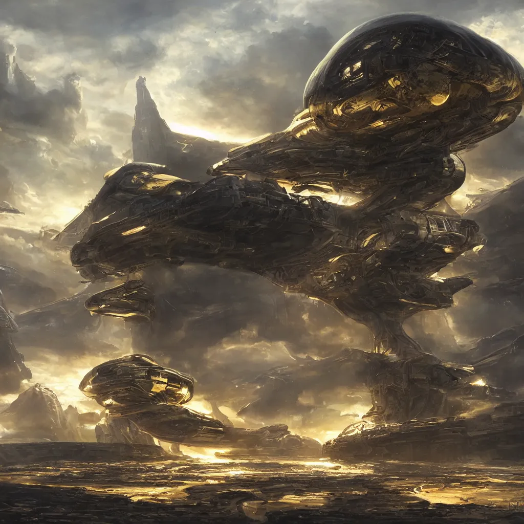 Prompt: gigantic crashed alien spaceship, sci-fi Hollywood concept art, golden hour