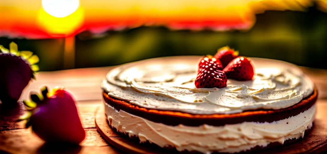 Image similar to A photo of a swedish cake from the side on a wooden table, with cream spread on the sides and strawberries, raspberries and blueberries placed in circles on top. Sunset in the back. 4K. Cinematic lighting. High detail. Realistic. Delicious.