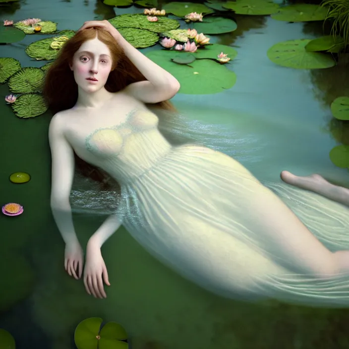 Prompt: Kodak Portra 400, 8K, soft light, volumetric lighting, highly detailed, britt marling style 3/4 ,portrait photo of a beautiful woman how pre-Raphaelites painter, the face emerges from the water of a pond with water lilies, inspired by Ophelia paint , a beautiful lace dress and hair are intricate with highly detailed realistic beautiful flowers , Realistic, Refined, Highly Detailed, natural outdoor soft pastel lighting colors scheme, outdoor fine art photography, Hyper realistic, photo realistic