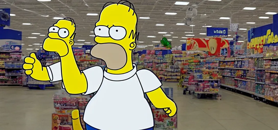 Prompt: an image of Homer Simpson taken with an analog camera. Homer is at Walmart waiting to check out