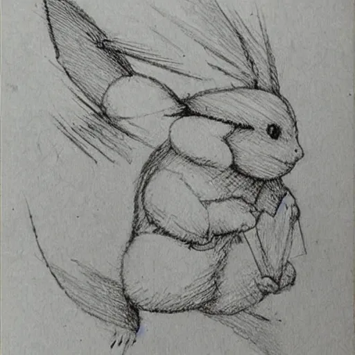 Prompt: leonardo da vinci intricate study sheet of drawings of pikachu animal, on grey paper sketch ink style