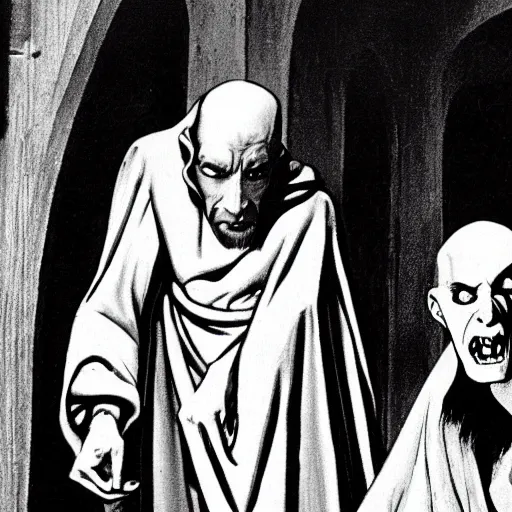 Prompt: jesus in white robes is standing behind nosferatu, about to sink his sharp teeth into nosferatu's neck. nosferatu has a halo over his head