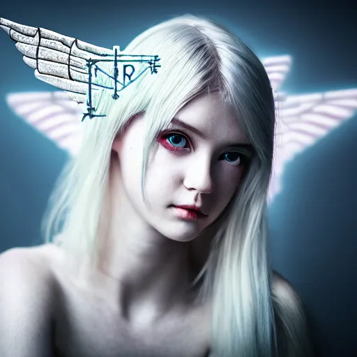 Image similar to prompt, insanely beautiful angel with runes on the head, modelsociety, radiant skin, huge anime eyes, rtx on, perfect face, intricate, sony a 7 r iv, symmetric balance, polarizing filter, photolab, lightroom, 4 k, dolby vision, photography award