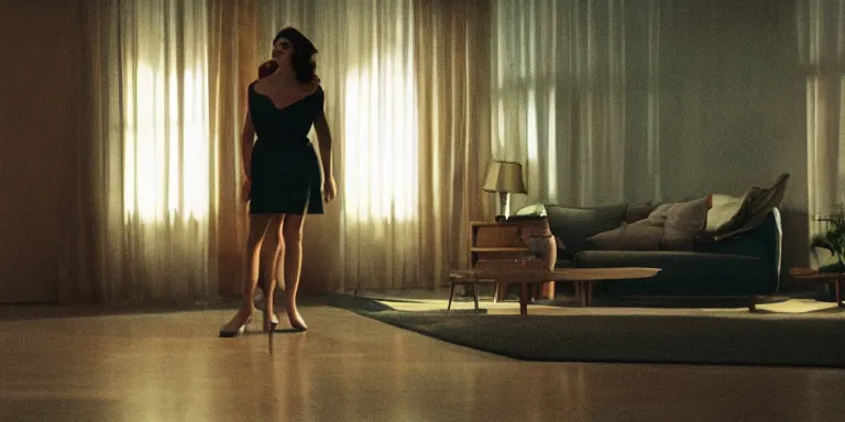 Image similar to photorealistic Cinematography of a woman crying on the floor at night in a mid century modern apartment shot on film at magic hour in a room filled with volumetric haze by the shining Cinematographer john alcott on a cooke panchro 18mm lens .