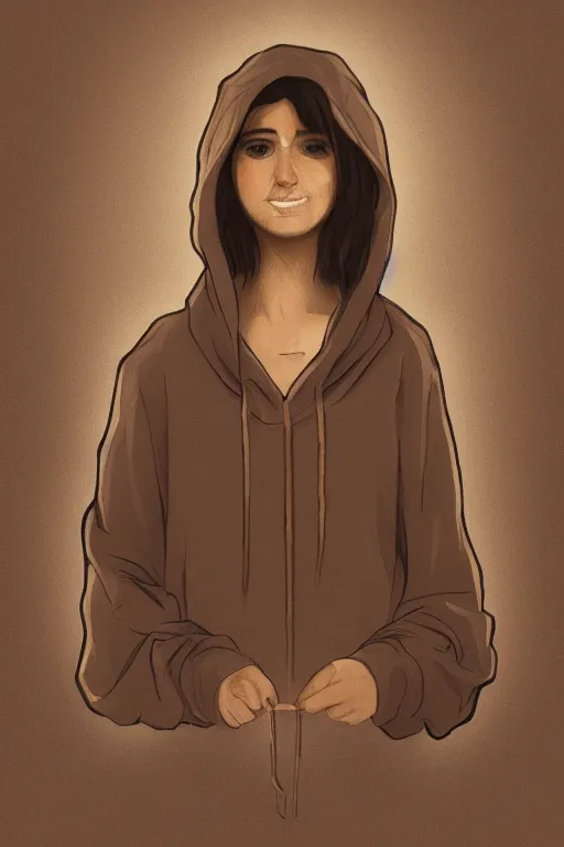 Image similar to short brown hair arab spanish shy young woman in beige hoodie, Diwani calligrapher using bamboo pen, cinematic lighting, hyper-detailed, cgsociety, trending on artstation, high resolution, in the style of Elena Masci, by John Samuel Agar