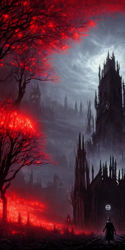 Image similar to populated bloodborne old valley with a dark person at the centre and a ruined gothic city in the background, trees and stars in the background, falling red petals, epic red - orange moonlight, perfect lightning, wallpaper illustration by niko delort and kentaro miura, 4 k, ultra realistic