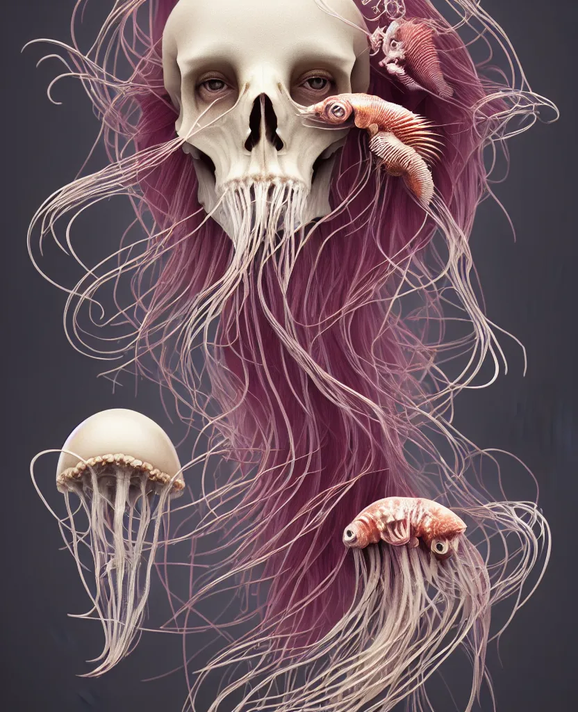 Image similar to goddess princess face close-up portrait ram skull. jellyfish phoenix head, nautilus, orchid, skull, betta fish, bioluminiscent creatures, intricate artwork by Tooth Wu and wlop and beeple. octane render, trending on artstation, greg rutkowski very coherent symmetrical artwork. cinematic, hyper realism, high detail, octane render, 8k