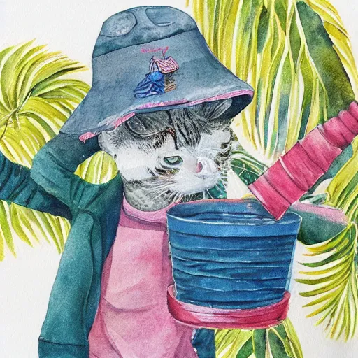 Image similar to a cat wearing a bucket hat and a hawaii shirt, children\'s book watercolor illustration