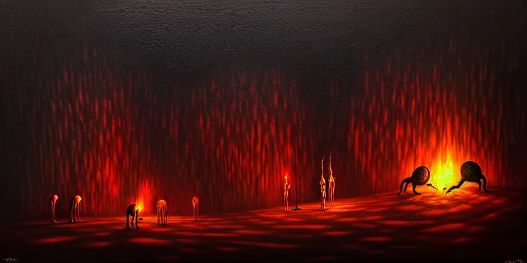 Image similar to creatures lurking in the collective unconscious, dramatic lighting from warm fire glow, in a dark surreal painting by ronny khalil