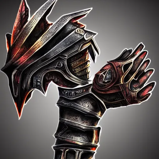 Image similar to warrior Gauntlet, war theme gauntlet, fantasy gauntlet of warrior, armored gauntlet, fiery coloring, epic fantasy style art, fantasy epic digital art, epic fantasy weapon art, an item from fantasy game