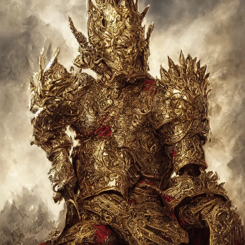 Prompt: Stunning portrait of a warrior king. He wears an intricate golden crown and a red cloak over ornate polished silver armour. He sits on a throne. Epic fantasy art. Highly detailed, digital painting, trending on artstation, award-winning, concept art, sharp focus, 4k, hyper ultra realistic, extreme details, masterpiece, cinematic, illustration, by greg rutkowski and aleksi briclot and bouguereau