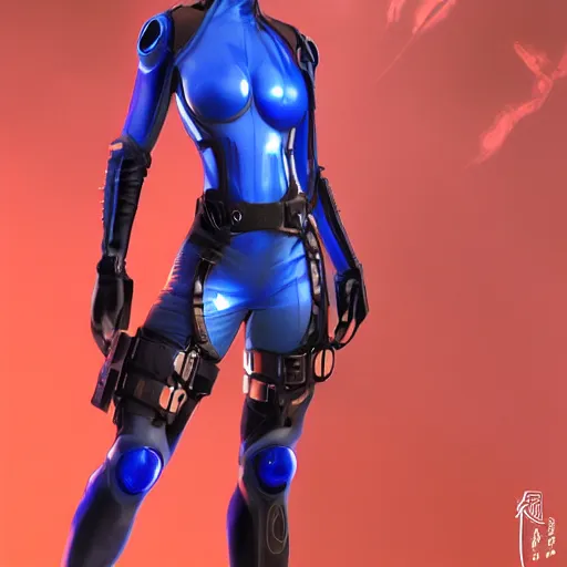 Prompt: futuristic sexy female chinese assassin wearing skin tight blue leather optical camouflage armor, night goggles and an exoskeleton, trending on artstation