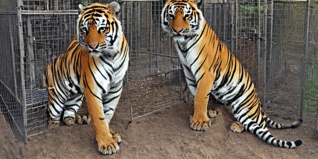 Prompt: joe exotic the tiger king standing in front of a tiger cage, tigers