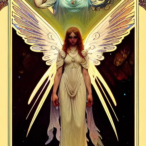 Prompt: Tarot card of an angel girl with glowing halo and highly detailed intricate wings, art nouveau, fantasy, intricate, elegant, highly detailed, digital painting, artstation, concept art, smooth, sharp focus, illustration, art by Krenz Cushart and Artem Demura and alphonse mucha