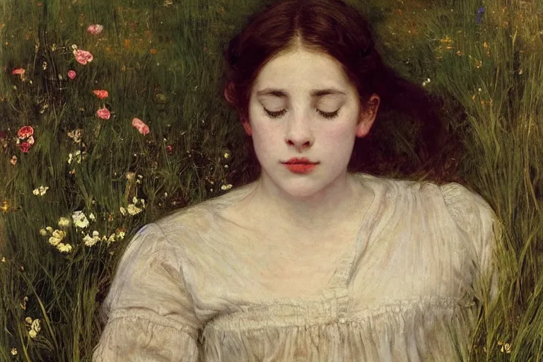 Prompt: portrait of a girl, floating in a river full of high green grass and fine flowers with closed eyes, wearing a nicely crafted antique dress, by sir john everett millais, photorealistic, hyperdetailed, ethereal, masterpiece, oil painting