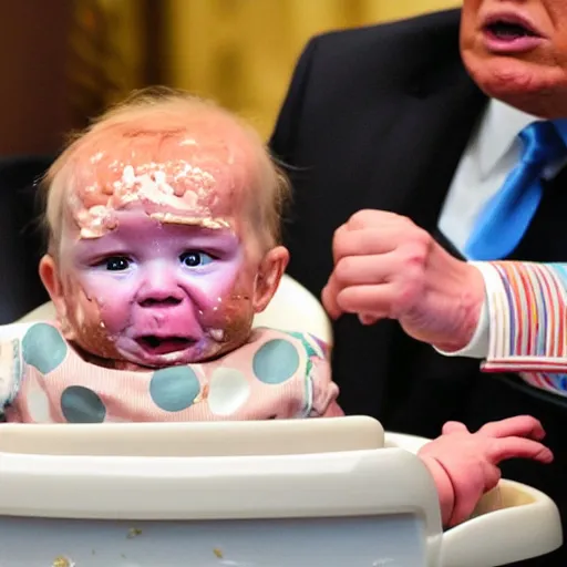 Prompt: a baby with donald trump's head sits in a highchair with chocolate pudding all over his face, gettyimages,