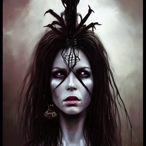 Image similar to Dark Fantasy Painting of a voodoo witch with a sinister evil look on her face, black widow spiders in her hair, creepy, unsettling, horror, upper body, wearing a dark dress, intricate, wild, highly detailed, digital painting, artstation, concept art, smooth, sharp focus, illustration, art by artgerm and greg rutkowski and alphonse mucha