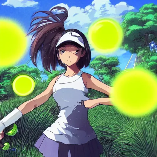 Prompt: girl tennis ball monster with weapons and uniform, serious, finely detailed, made by wlop, studio ghibli, artgerm, full body portrait, illustration, grass, sunny, sky, anime, side view, perfect anime face, detailed face, zoomed out, smooth,