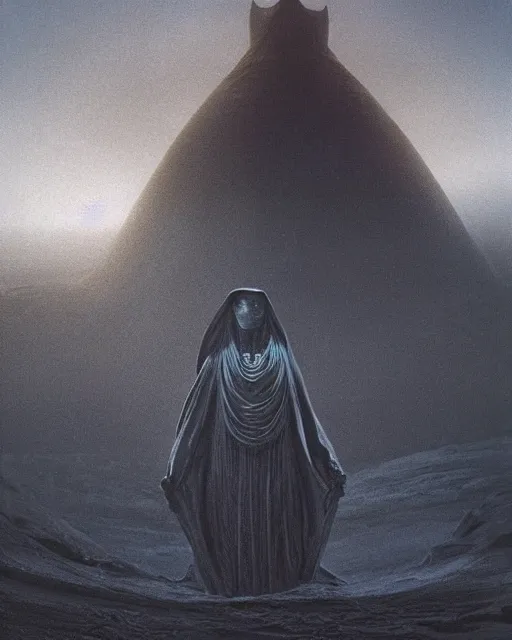 Prompt: paul atreides as emperor of dune, cinematic lighting, mist, sci-fi movie, by zdzislaw beksinski and simon stalenhag