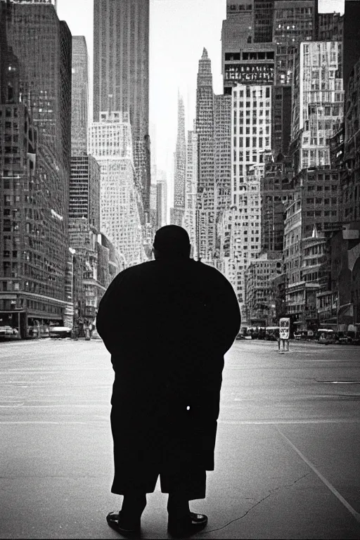 Image similar to close-up photography, fat man looks at bird in New York, soft light, 35mm, film photo, Joel Meyerowitz