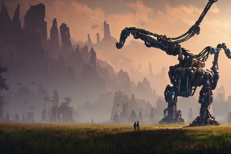 Image similar to longleg machine mecanical creature robot of horizon forbidden west horizon zero dawn radiating a glowing aura global illumination ray tracing hdr fanart arstation by ian pesty and alena aenami artworks in 4 k