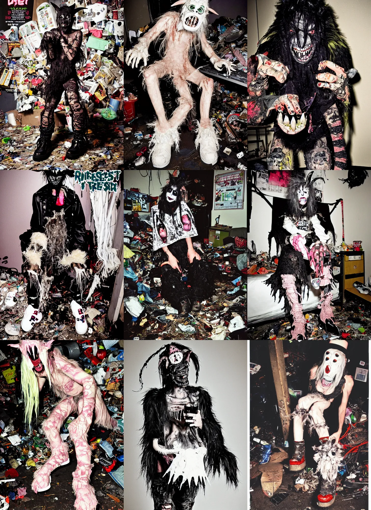 Image similar to photo of lace monster goblin wearing ripped up dirty Swear kiss monster teeth yeti platform boots in the style of Ryan Trecartin in the style of 1990's FRUiTS magazine 20471120 in japan in a dirty dark dark dark poorly lit bedroom full of trash and garbage server racks and cables everywhere in the style of Juergen Teller in the style of Shoichi Aoki, japanese street fashion, KEROUAC magazine, Walter Van Beirendonck W&LT 1990's, Vivienne Westwood, y2K aesthetic