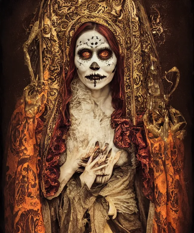 Image similar to tintype virgin mary in dia de muertos dress and make up, horrific beautiful vibe, evocative, atmospheric lighting, painted, intricate, highly detailed, leesha hannigan, wayne haag, reyna rochin, ignacio fernandez rios, mark ryden, iris van herpen, artstation, cgsociety