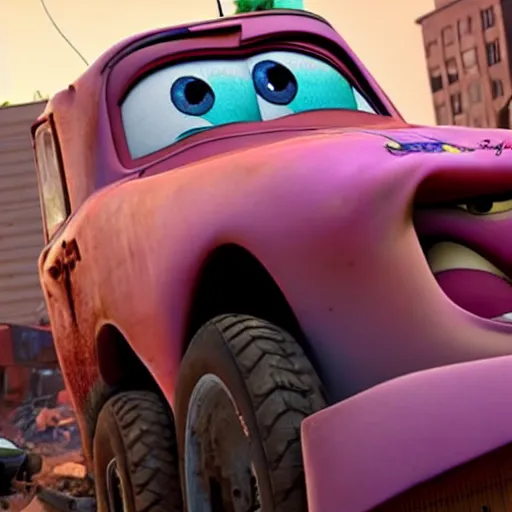 Image similar to mater from cars driving into a building, rubble, disney pixars cars, mater, unreal engine 5