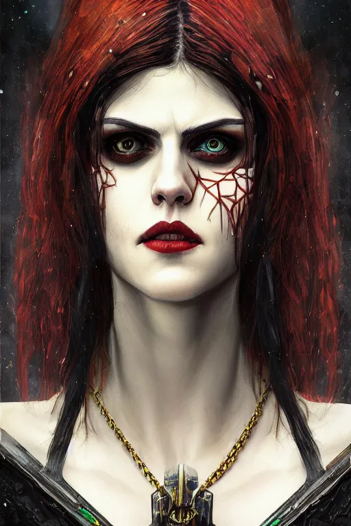 Image similar to portrait of beautiful gothic Alexandra Daddario, cyberpunk, Warhammer, highly detailed, artstation, illustration, art by Gustav Klimt